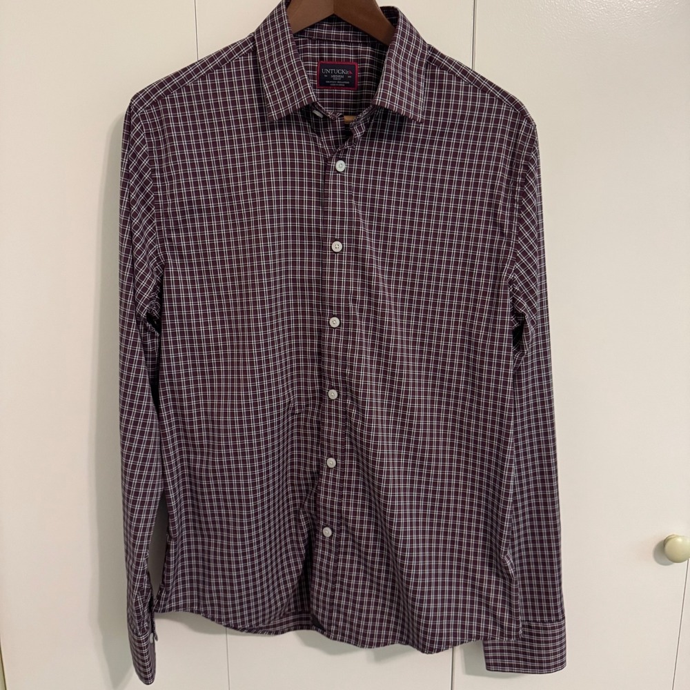UNTUCKit Vigneti Slim Fit Check Shirt Mens Medium Burgundy Navy Blue 40248